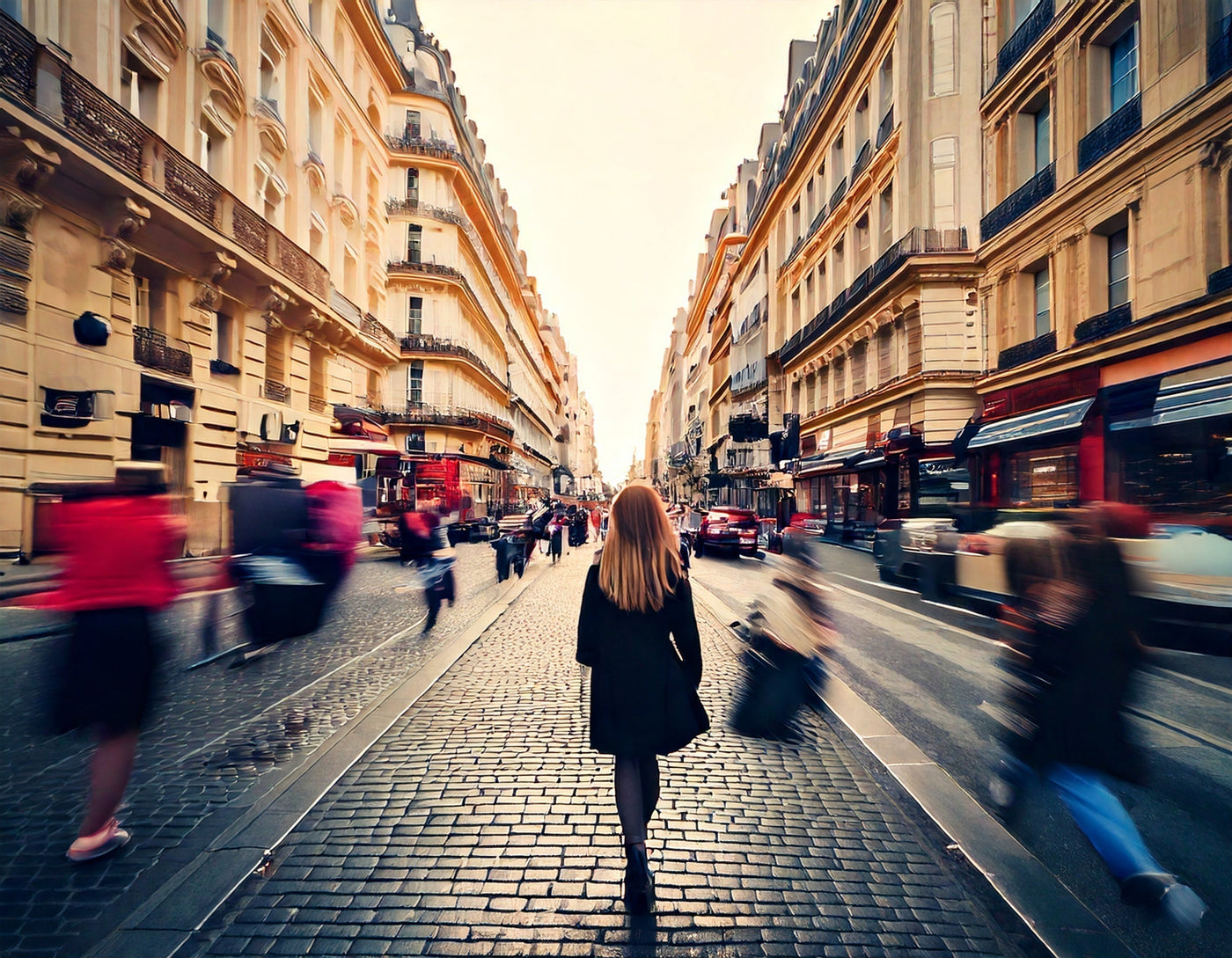 Woman walking down busy street in Paris
