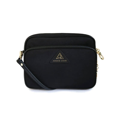 Anti-theft Water-resistant Travel Crossbody - Crissy Full Crossbody in Black Gold with slash-resistant faux Leather & locking clasps straps - front view - Arden Cove