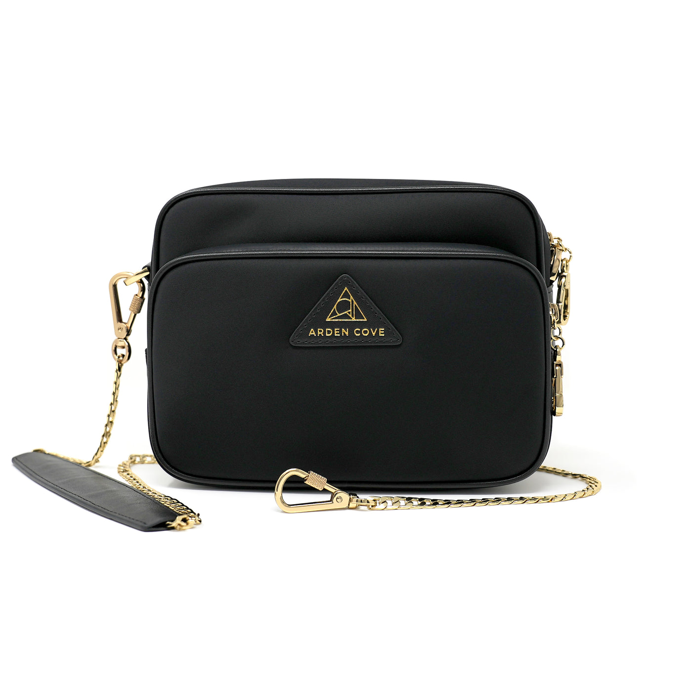Anti-theft Water-resistant Travel Crossbody - Crissy Full Crossbody in Black Gold with slash-resistant chain strap & locking clasps straps - front view - Arden Cove