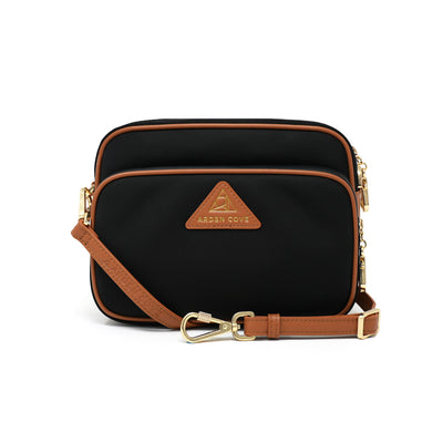 Anti-theft Water-resistant Travel Crossbody - Crissy Full Crossbody in Black/Brown Gold with slash-resistant locking clasps faux leather straps - front view - Arden Cove