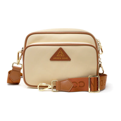 Anti-theft Water-resistant Travel Crossbody - Crissy Full Crossbody in Cream Gold with nylon jacquard strap & locking clasps straps - front view - Arden Cove