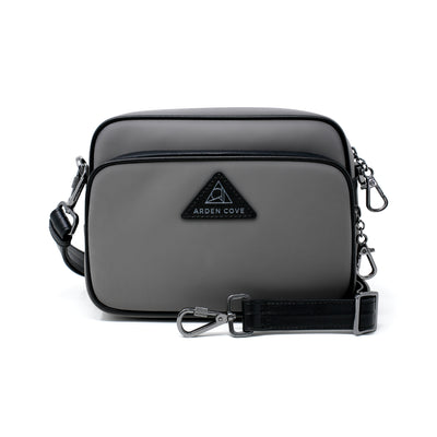 Anti-theft Water-resistant Travel Crossbody - Crissy Full Crossbody in Grey Gunmetal with slash-resistant wide faux leather & locking clasps straps - front view - Arden Cove