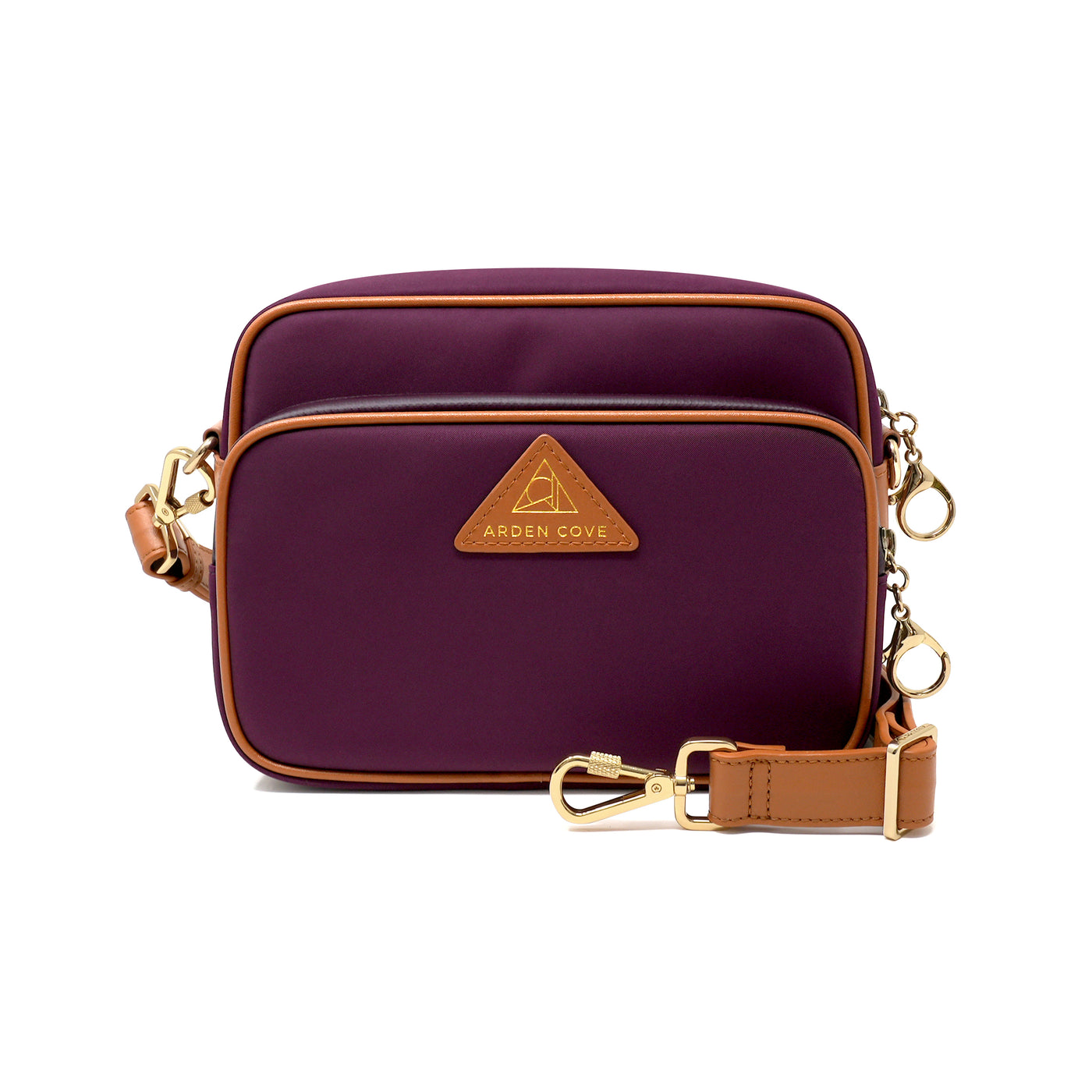 Anti-theft Water-resistant Travel Crossbody - Crissy Full Crossbody in Maroon Gold with slash-resistant wide faux leather & locking clasps straps - front view - Arden Cove