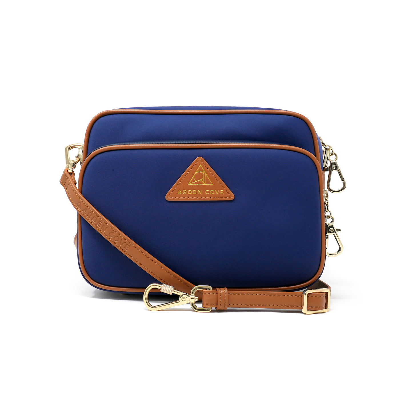 Anti-theft Water-resistant Travel Crossbody - Crissy Full Crossbody in Navy Gold with slash-resistant faux leather & locking clasps straps - front view - Arden Cove