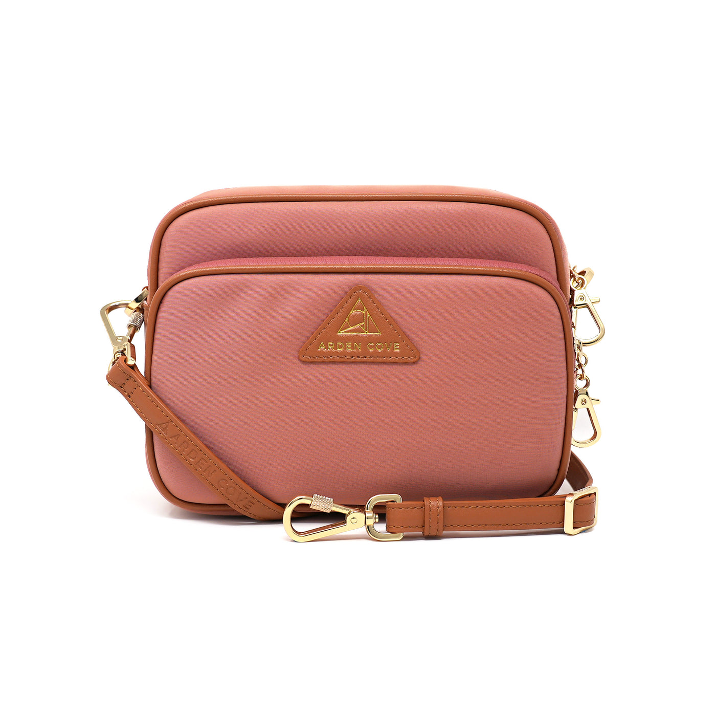 Anti-theft Water-resistant Travel Crossbody - Crissy Full Crossbody in Dusty Pink Gold with slash-resistant faux leather locking clasps straps - front view - Arden Cove