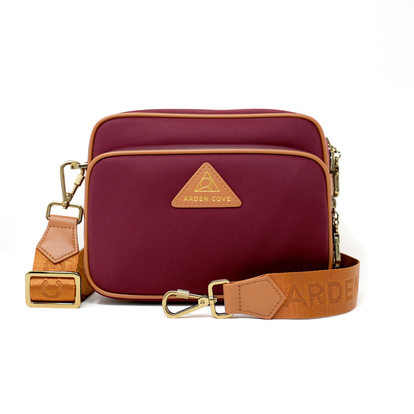 Anti-theft Water-resistant Travel Crossbody - Crissy Full Crossbody in Red Gold with nylon jacquard & locking clasps straps - front view - Arden Cove