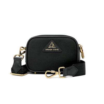 Anti-theft Water-resistant Travel Crossbody - Crissy Mini Crossbody in Black Gold with nylon slash-resistant jacquard & locking clasps straps - front view - Arden Cove