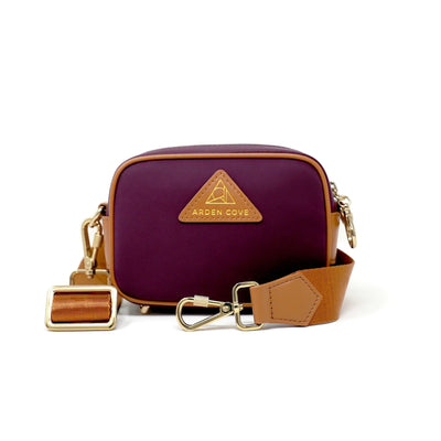 Anti-theft Water-resistant Travel Crossbody - Crissy Mini Crossbody in Maroon Gold with nylon slash-resistant jacquard & locking clasps straps - front view - Arden Cove