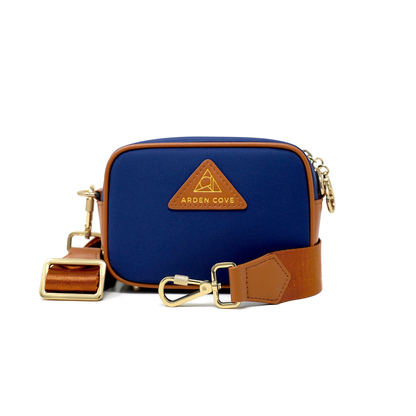 Anti-theft Water-resistant Travel Crossbody - Crissy Mini Crossbody in Navy Gold with nylon slash-resistant jacquard & locking clasps straps - front view - Arden Cove