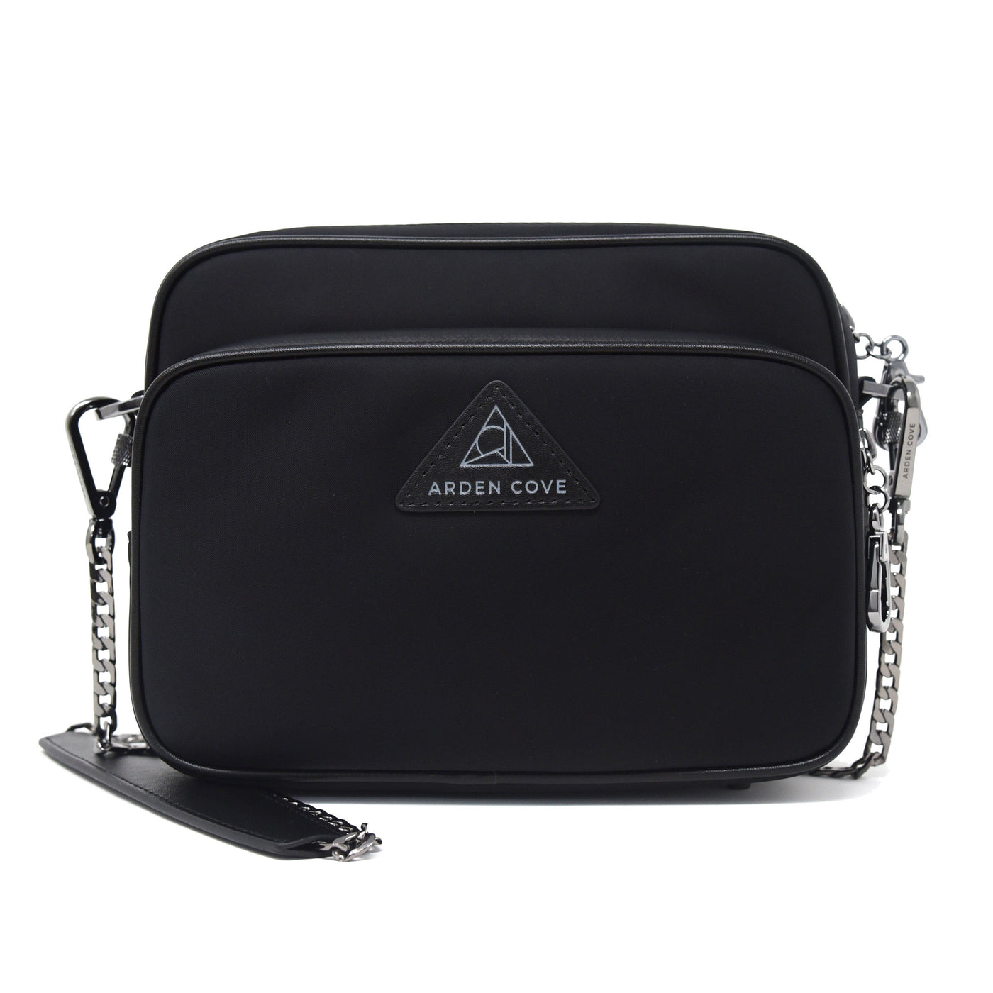 Anti-theft Water-resistant Travel Crossbody - Crissy Full Crossbody in Black Gunmetal with slash-resistant chain & locking clasps straps - front view - Arden Cove