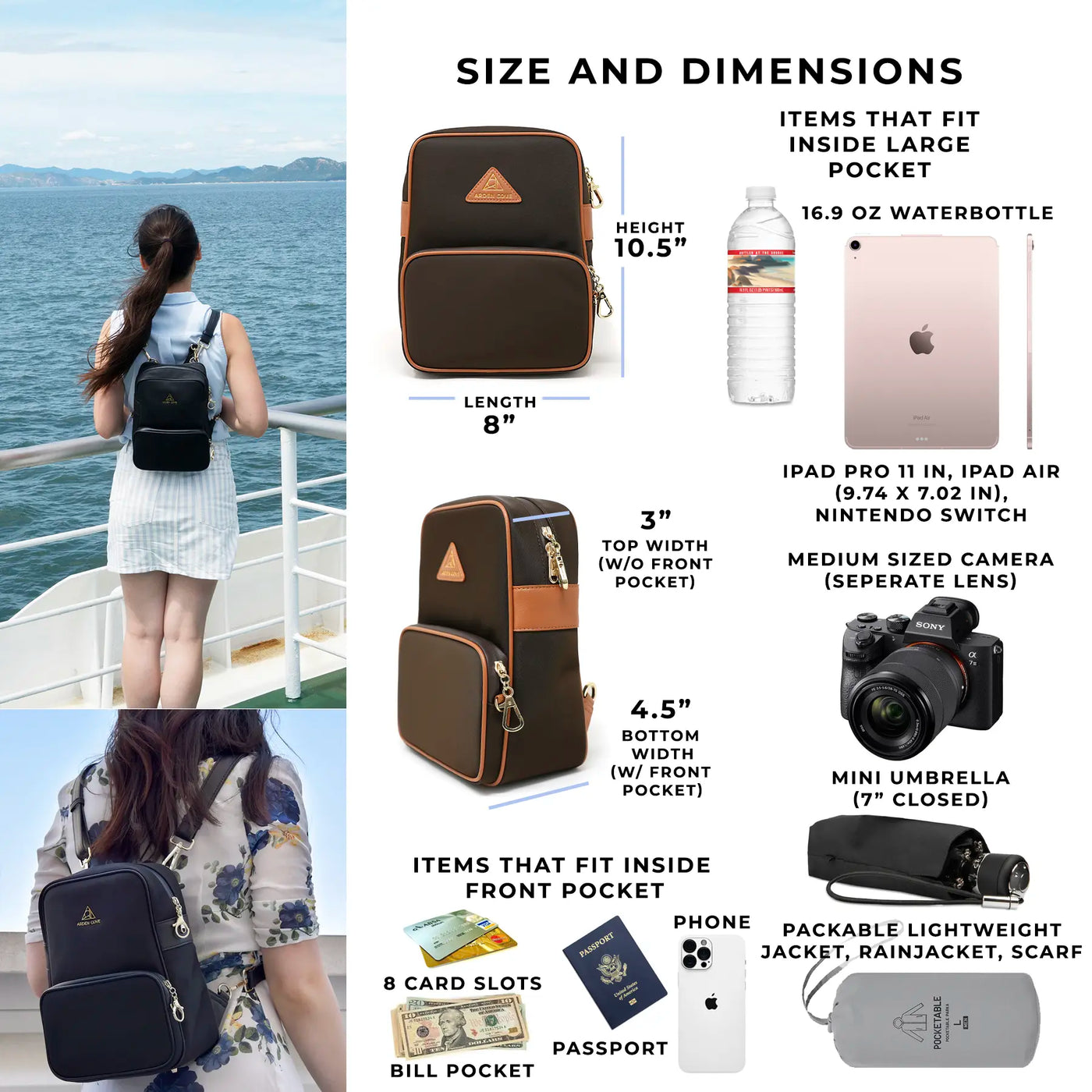 Size and Dimensions of the Carmel Convertible Backpack and Crossbody what fits inside iPad Waterbottle Switch Camera