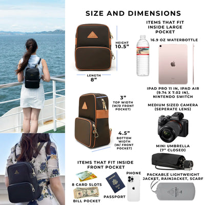 Size and Dimensions of the Carmel Convertible Backpack and Crossbody what fits inside iPad Waterbottle Switch Camera
