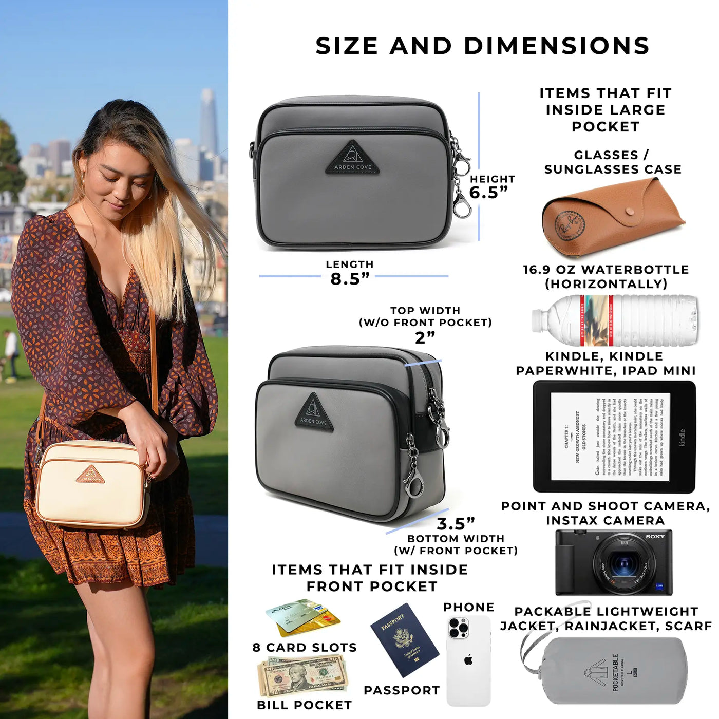 Size and Dimensions of the Crissy Full Crossbody Classic Hardware what fits inside water bottle
