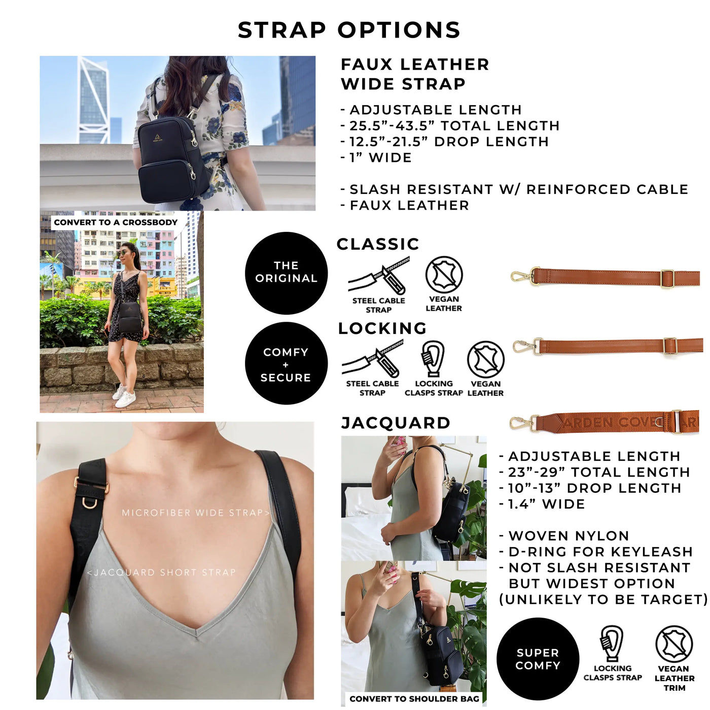 Strap Options of the Carmel Convertible Backpack and Crossbody Comparison