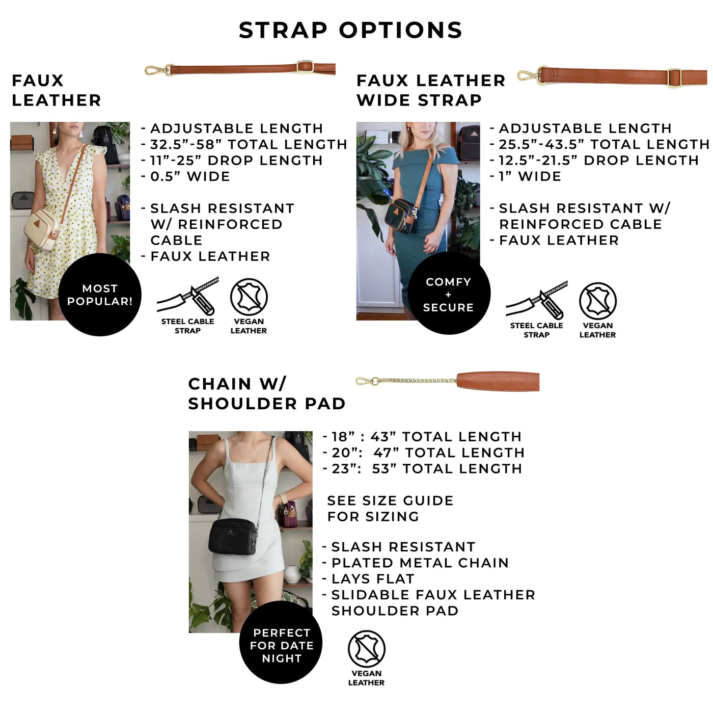Strap options for the Crissy Full Crossbody Classic Hardware, comparison of strap features and lengths