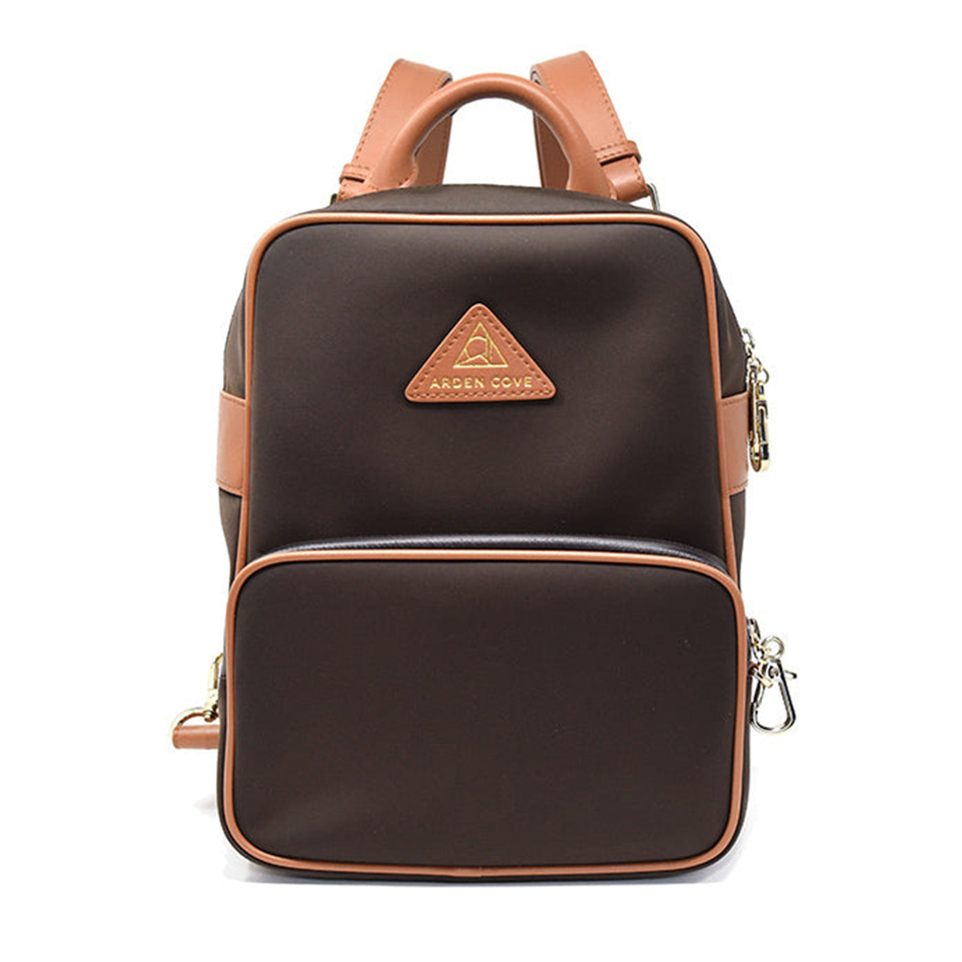 Carmel Convertible Backpack Wide Strap Classic Brown Gold Front View
